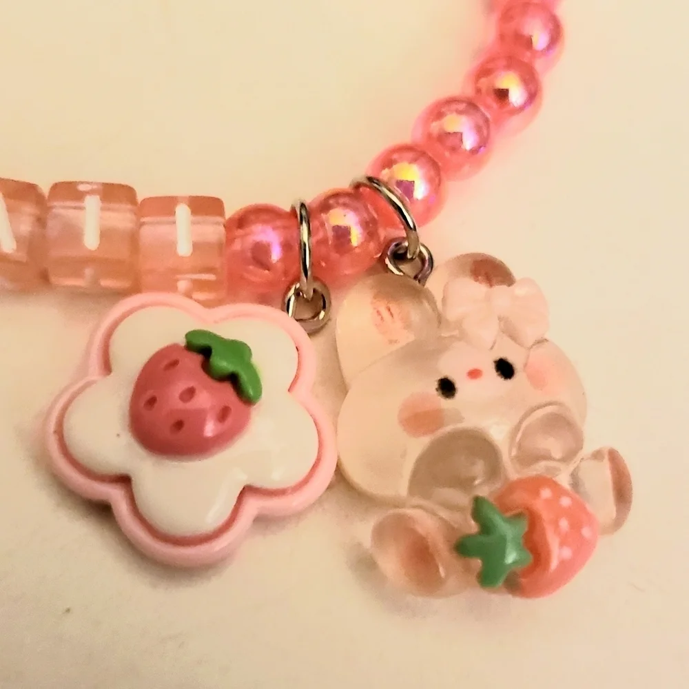 Handmade Beaded Pink Strawberry Kawaii bunny bracelet
